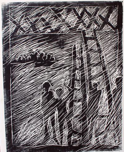 Wohin ...? I, 2015, Holzschnitt, 111 x 89 cm, © VG Bild-Kunst, Bonn 2017/ Horst-Dieter Gölzenleuchter, Foto: Horst-Dieter Gölzenleuchter