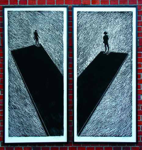 Ich-AG I/II, 2005, Holzschnitt, je 180 x 80 cm, © VG Bild-Kunst, Bonn 2017/ Horst-Dieter Gölzenleuchter, Foto: Horst-Dieter Gölzenleuchter