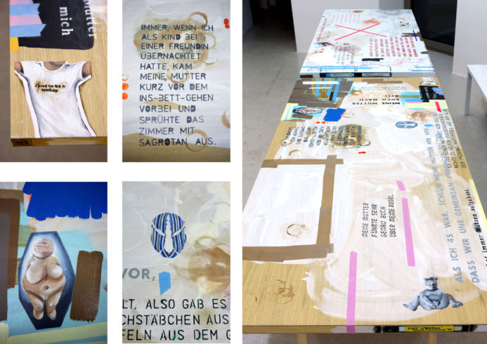 aus: zusammen, Acryl und Öl auf Holz, jew. 200 x 98,5 x 4 cm, Böcke, Ausstellungsansicht SEPTEMBER, Berlin, 2013; links: Details, Vg Bild-Kunst, Bonn 2018/ Kerstin Drechsel, Fotos: David Olivera