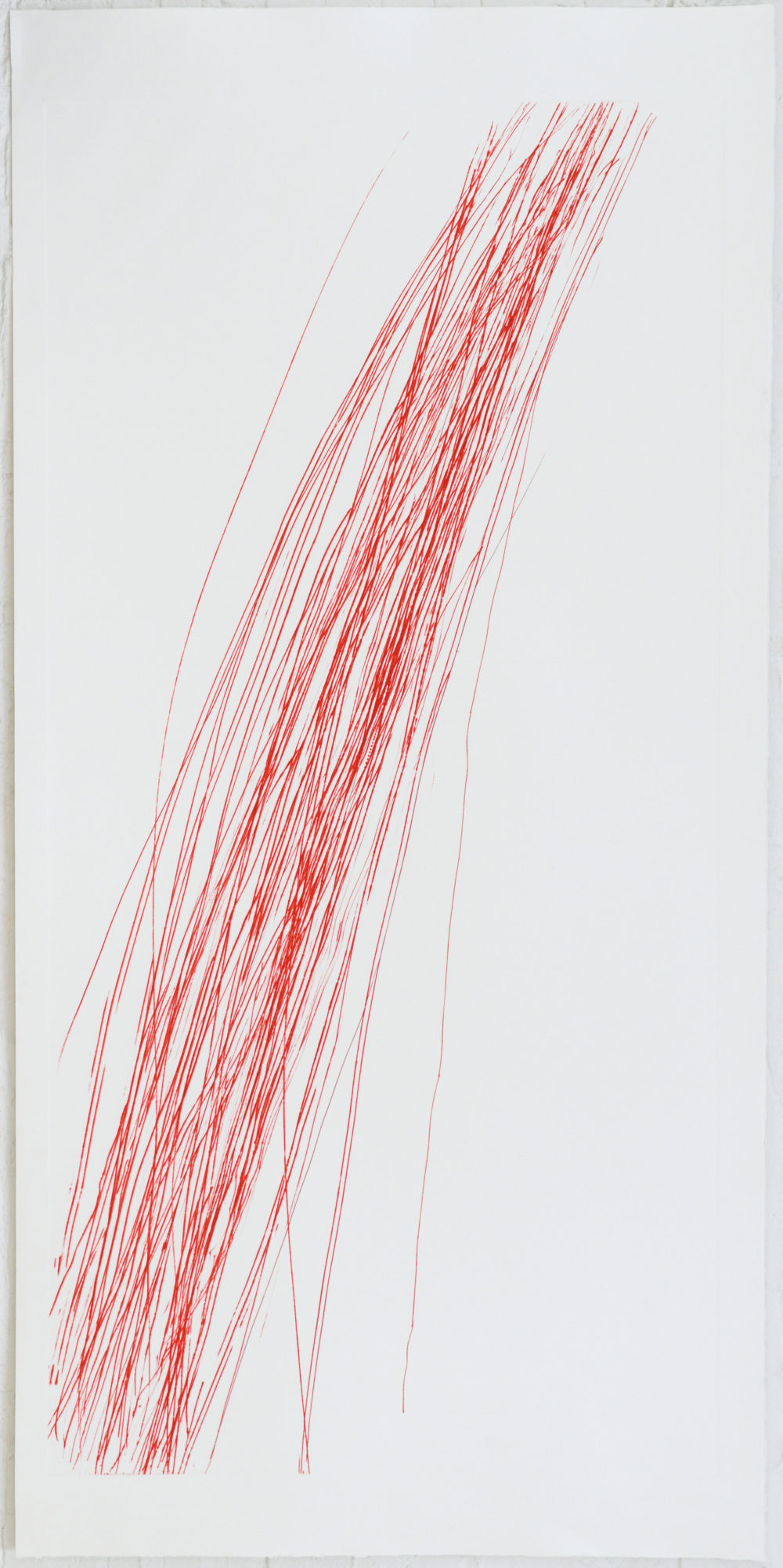 Roter Bogen, 2018 A02, Radierung/ Kaltnadel auf Polystyrol, 224 x 110,5 cm, VG Bild-Kunst, Bonn 2019 / Barbara Grosse, Foto: Archiv der Künstlerin