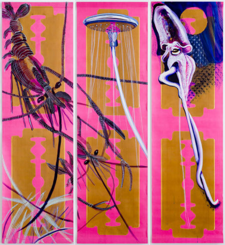 Under Pressure, The Shower, Spandau Ballet (montiertes 3-teiliges Bild) v.l.n.r.: Under Pressure, 2019, Mischtechnik / Vliestapete, 155 x 46 cm The Shower, 2019, Mischtechnik / Vliestapete, 158 x 46 cm Spandau Ballet, 2019, Mischtechnik / Vliestapete, 156 x 46 cm VG Bild-Kunst, Bonn 2020 / Stephanie Pech, Foto: Eric Lichtenscheid