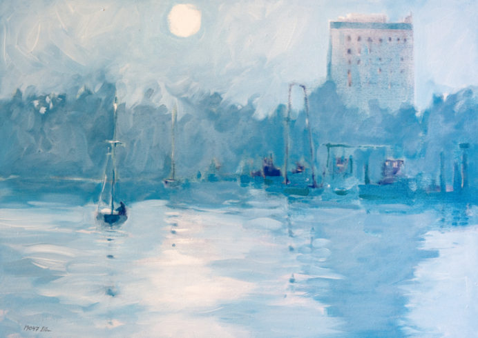 Schiersteiner Hafen - blaue Stunde, 2019, Leinöl auf Nessel, 30 x 50 cm