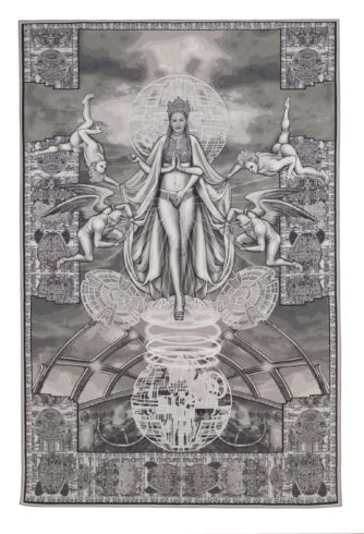 Margret Eicher: „Assunta”, 2020, Digitale Collage/Jacquard-Gewebe, 308 x 207 cm VG Bild-Kunst, Bonn 2020/ Margret Eicher, Foto: Nikolaus Steglich/Museum Villa Stuck, München