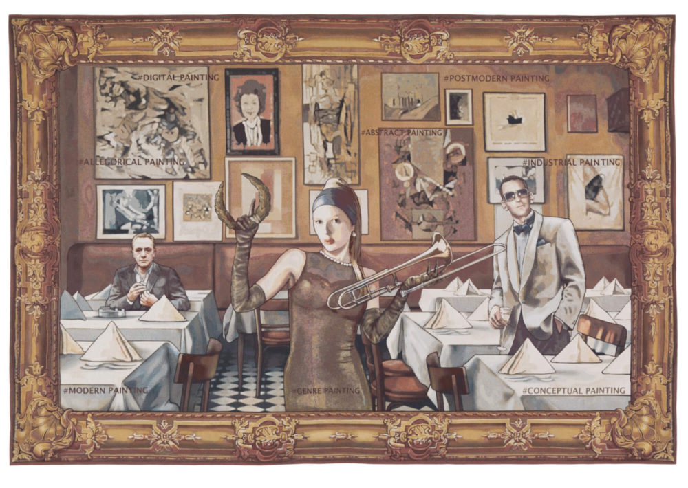 Margret Eicher: „Lob der Malkunst 2“, 2018 Digitale Collage/Jacquard-Gewebe, 290 x 430 cm VG Bild-Kunst, Bonn 2020/ Margret Eicher, Foto: Künstlerin/Museum Villa Stuck, München
