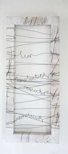 „Verbindung“ 30 x 60 cm, collagierter Holzrahmen mit Gesso, Drahtbespannung, 2014