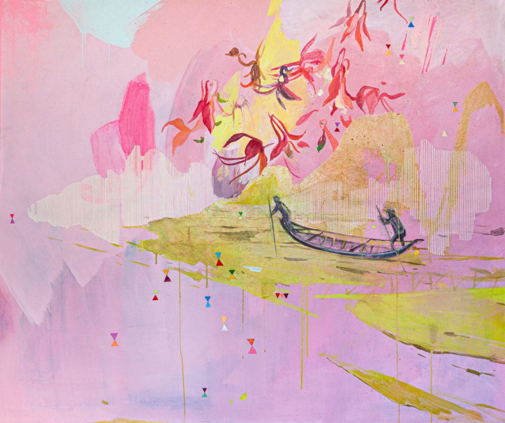Handling Landing, 2021, Acryl und Stickerei, 110 x 130 cm © VG Bild-Kunst, Bonn 2021/ Meike Lohmann, Foto: Tobias Ziegler.