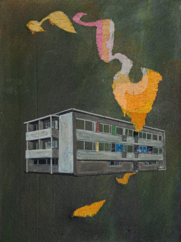 Lichtenhagen, 2021, Acryl und Stickerei auf Baumwolle, 40 x 30 cm © VG Bild-Kunst, Bonn 2021/ Meike Lohmann, Foto: Tobias Ziegler.