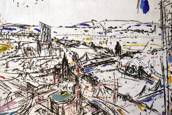Stadt am Fluss III (Frankfurt), 2015, Kaltnadel, Flex, Öl, 59,5 x 89,5 cm VG Bild-Kunst, Bonn 2022 / Alfonso Mannella, Foto: Alfonso Mannella