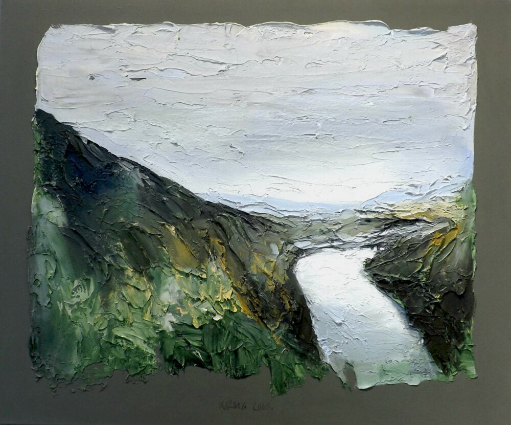 Landschaftsfresko (Rhein), 2000, Acryl, Öl und Quarzsand auf Leinwand, 100 x 120cm © Bernhard Krug, Foto: Bernhard Krug