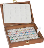 Schmincke Horadam Aquarellfarbkasten | Holz, 48x 1/2 Näpfchen, 47 Farben + O-Netz